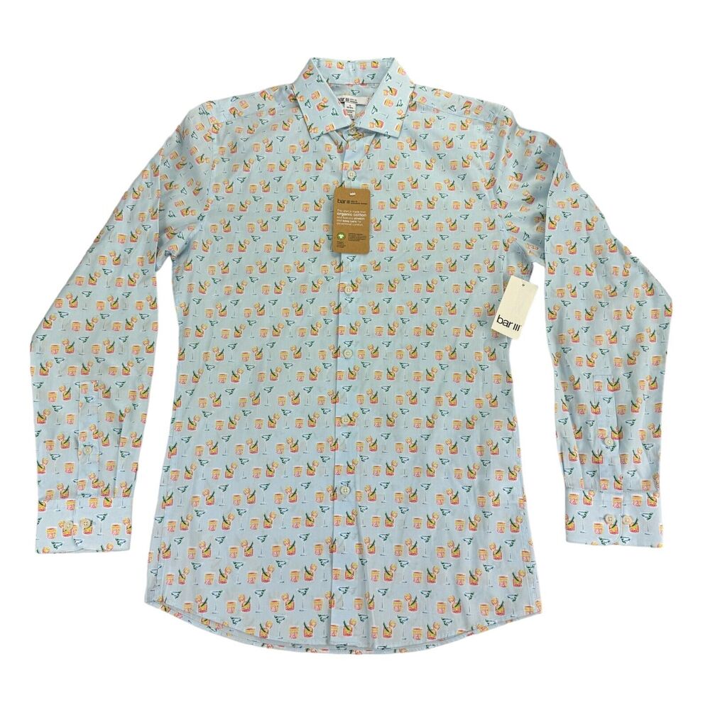 Bar III Mens Slim Fit Cocktail Print Long Sleeve Dress Shirt Blue S 14-14.5